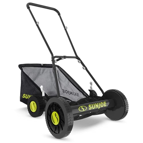 Sun Joe MJ501M w/ 7-Gallon Detachable Grass Catcher, 9-Position Height Adjustment, 5 Steel Blades, Compact Design, 18-Inch Manual, Green/Black