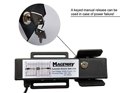Mageway 24VDC Heavy Duty Automatic Electric Gate Lock for Swing Gate Opener Gate Operator Automatic Gate Openers, Fail Secure Waterproof Solenoid Lock, Pre-Wired 16 ft UL Cable