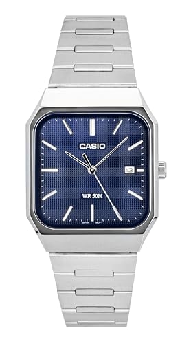 Image of Casio MTP-B185D-2A1 Men's Analog Watch, Silver Stainless Steel Bracelet, Blue Square Dial, Date Display, 50M Water Resistant