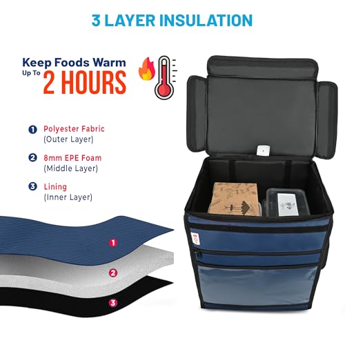 Image of Insulated Food Delivery Bag | Foldable Pizza & Multi-Meal Carrier | Thermal, Waterproof, Leak-Proof, Navy Blue (14X10X18 Inch)