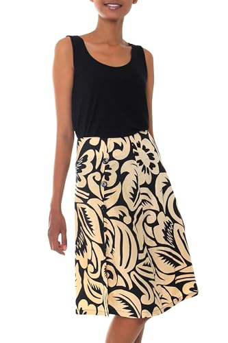 NOVICA Artisan Handmade Cotton Batik Skirt Black Pale Yellow Floral Clothing Misted Patterned Indonesia 'Balinese Shadow'