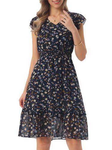 Image of Allegra K Women's Floral Dress Spring Summer V Neck Flutter Sleeve Ruffle Casual Smocked Knee Length Dresses