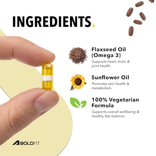Image of Boldfit Flaxseed oil capsules 1000mg Omega 3 vegetarian Supplement for Skin, Joint, Hair & Immunity Support. flax seed oil omega 3 for Men & Women - 60 Veg Capsules.