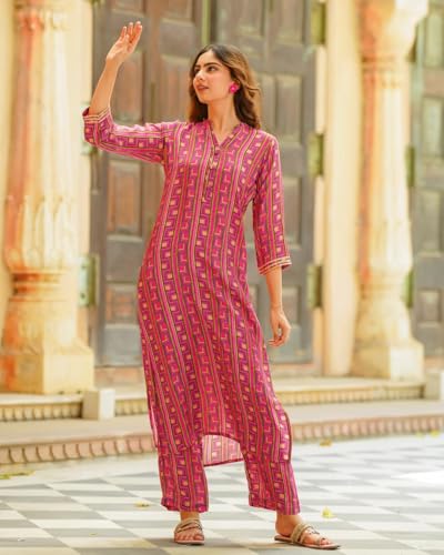 Ensemble kurta rose en viscose LookMark avec pantalon imprimé taille S
