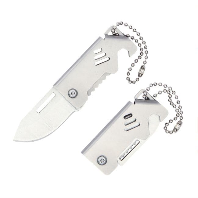 Image of CAPMORA Mini Folding Utility Tool Keychain, Metal, with Carabiner Clip, Compact Everyday Carry for Package Opening and Outdoor Use (SILVER Chain)
