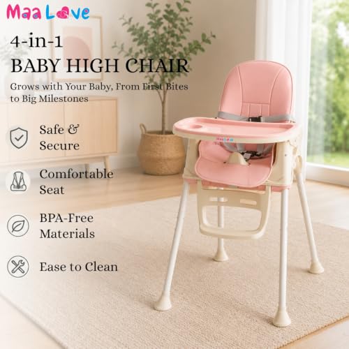 Image of Maa Love 4-in-1 Baby High Chair for 0-5 Years, Adjustable Height Feeding Chair with Detachable Tray, One-Hand Fold, Multifunctional High Chair (Pink)