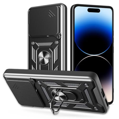 Image of SPAZY CASE Vivo T3X 5G Back Case | Heavy Duty Hybrid Case with 360 Degree Rotating Finger Ring Holder + Slider Shutter Camera Protection Cover for Vivo T3X 5G 5G - Black