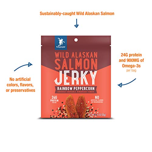 Fishpeople Wild Alaskan Salmon Jerky, Rainbow Peppercorn, 2.15 ounce (3 pack), 24g Protein and 900mg Omega-3s per bag, Low sugar, Gluten-free, Antibiotic-free, Non-GMO