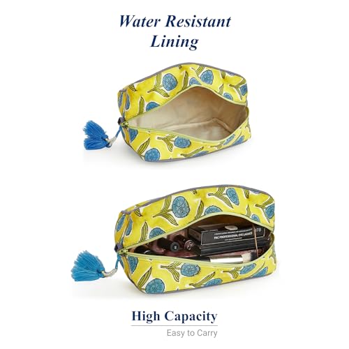 Travel Makeup Bag- Large Capacity Cosmetic Bags for Women - Water Resistance Lining Portable Pouch & Open Toiletry Bag - Perfect Girls Makeup Organizer for Travel Essentials (Blue & Yellow Floral)3