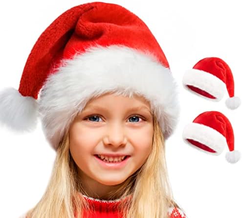 Doiurcs Santa Hat for kid Boys and girls, Large Christmas Hat, Xmas Holiday Oversized Velvet Hat for children New Year Festive Holiday Party Supplies (Kid-2pcs)
