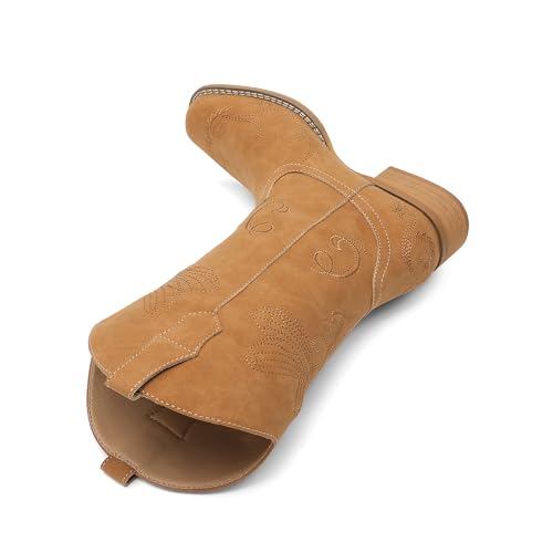 Image of DREAM PAIRS Women's Square Toe Cowboy Cowgirl Boots Pull On Low Chunky Heel Mid Calf Western Boots with Embroidered Stitched for Theme Party Country Concert