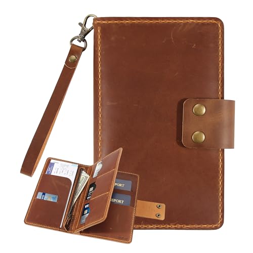 Handmade Genuine Leather Family Passport Holder | Travel Document Organizer Holds 4 Passports | Vintage Wristlet Wallet with Credit Card Slots (Brown)