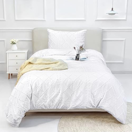 Image of Mejoroom White Boho Twin Duvet Cover - Boho Bedding - Soft and Breathable Tufted Comforter Cover with Zipper Closure, 2Pieces, 1 Duvet Cover (68 inchx90 inch) and 1 Pillow case(20 inchx26 inch)