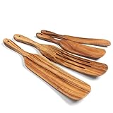 4 PCS Wooden Spurtle Spoons/Utensils Set For Cooking, Natural Acacia Wood Wok Spatula Kitchen Tools Set with 4 Hooks for Stirring Mixing When Cooking Steak Salad Butter