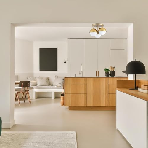 Image of Globe Flush Mount 3-Light Ceiling Light, Mid Century Modern Brass Gold Ceiling Light Fixture with Globe White Frosted Glass Shade for Bedroom Hallway Entryway Kitchen Living Room