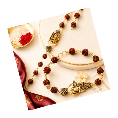 Image of TIED RIBBONS Rakhi for Brother - Set of 2 Premium Rudraksha Trishul Bracelet Rakhi for Brother Bhaiya Kids Boys Men with Greeting Card and Roil Chawal Tika