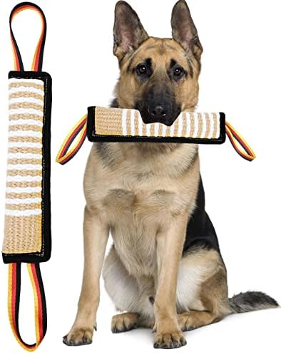 Dog Tug Toy Dog Tough Jute Bite Pillow – Lasting Training Equipment – Two Flag Handles Puppy to Large Dogs Interactive Toy war Toys for Aggressive chewers.