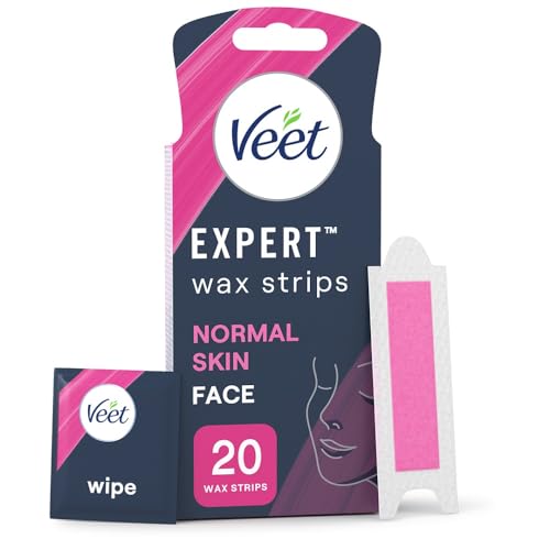 Veet Expert Cold Wax Strips for Face, Normal Skin, 20 Count with 4 Shea Butter Finish Wipes - Effective Hair Removal Solution
