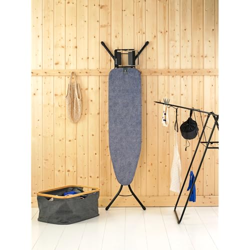 Image of Brabantia Compact Ironing Board with Left /Right Adjustable Steam Iron Rest | Small (Size A) | Fairtrade Denim Blue Cover | Adjustable Height (27-38 inch), Easy Fold, Anti-Collapse Lock, Non-Slip Feet