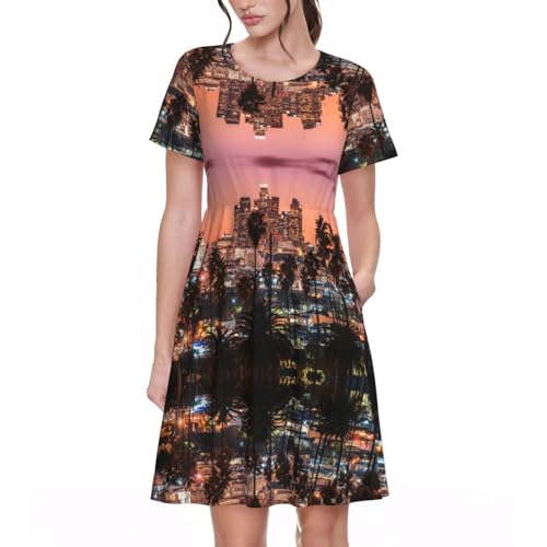 Robe de plage coupe swing fluide avec palmiers imprimés Los Angeles manches courtes