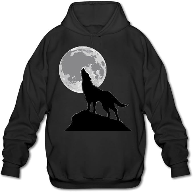 Wolf Stand Under The Moon Print on Black Pullover Hoodie