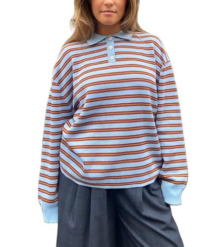 Y2k Striped Rugby Shirt for Women Long Sleeve Collared V Neck Preppy Polo Sweatshirt Casual Oversized Pullover Tops