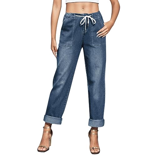 Jean droit décontracté pour femme avec bretelles et poches à taille mi-élastique
