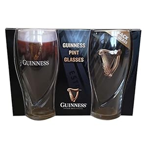 Guinness, glas, set van twee bedrukte zwaartekracht, 20 ounce bierglazen met logo en harpdesign