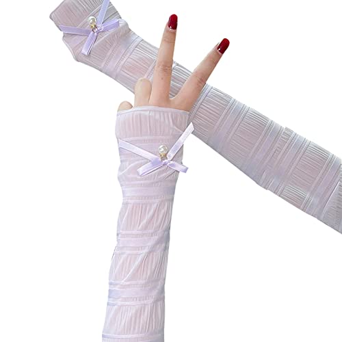 Women Ice Silk Arm Sleeves Long Arm Covers with Pearl Bow Half Fingerless Gloves Sun UV Protection Arm Sleeves Arm Leg Purple