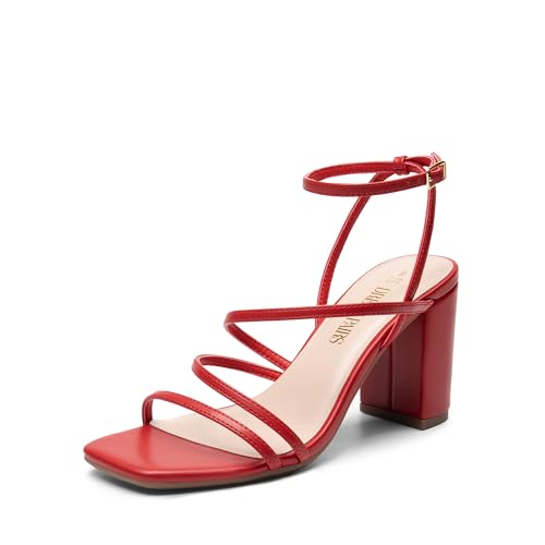 DREAM PAIRS Women's Heels Chunky Block Strappy Square Open Toe Ankle Buckle Heeled Sandals Wedding Party Dress Shoes Indie,Size 8.5,Red-Pu,SDHS2428W