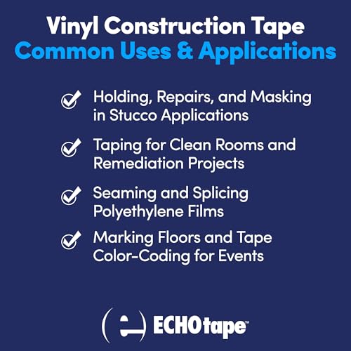 Image of ECHOtape VI-N6120 | Blue Multi-Purpose Construction Tape | Stucco Masking Tape | Temporary Hold Tape | No Residue Vinyl Tape | Vinyl Repair Tape | Vinyl Floor Marking Tape | 2.83 in x 60 yds