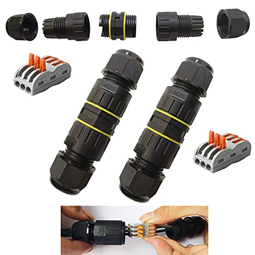 CESFONJER 2 Pack Conector Estanco 3 Polos, IP68 M25 Caja de conectores Impermeables, acoplador de manguito exterior rango de cables 6-11 mm