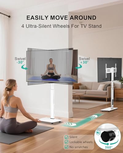 Image of WALI Rolling TV Stand with Power Outlet, Mobile Tall TV Stand Mount on Wheels for 39-75 inch TV up to 110 lbs, Swivel Height Adjustable TV Cart with Wood Base for Bedroom(TVDVD-7PRW), White