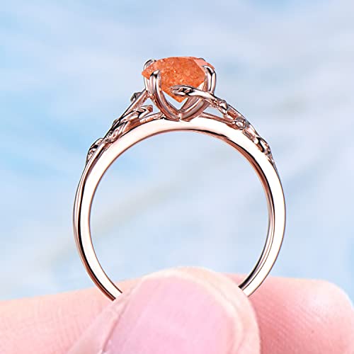 Sterling Silver Round Cut Nature Sunstone Ring Rose Gold Leaf Sunstone Engagement Ring Orange Gemstone Birthday Jewelry Uniuqe Handmade Gift For Women Girls,Size From 4-10,With Gift Box #TOP5