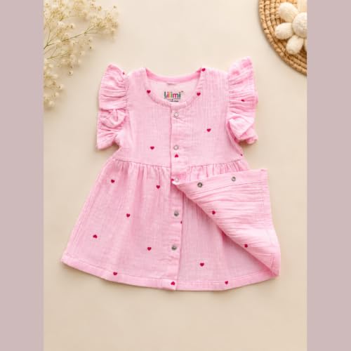 Image of Lilimi Toddler Baby Girl Cotton Muslin Dress, Breathable Flutter Sleeve Button-Front Cute Frocks