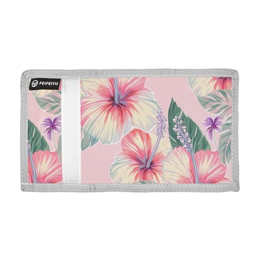 Hibiscus Leaves Sweet Pink Kids Wallet for Boys Girls Outdoor Sport Trifold Wallets for Youth Teen Children Wallet with Zippered Coin Pockets Card Holders Front Pocket Wallets with Magic Sticker2