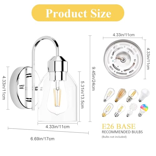 Image of Chrome Sconces Wall Lighting, Wall Sconces Set of 2, Modern Bathroom Vanity Light Fixtures, Farmhouse Metal Wall Lamp with Clear Glass Shade, Wall Mount Lights for Mirror Bedroom Hallway