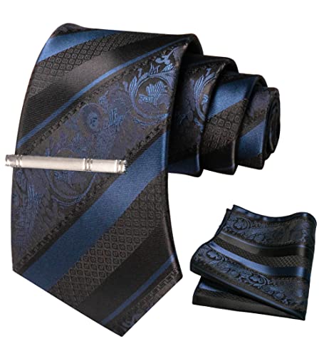 JEMYGINS Cravate Homme Bleu Foncé en Soie Rayures et Impression Mariage et Pinces à cravate et Carre de poche Ensemble Compris boîte(10)