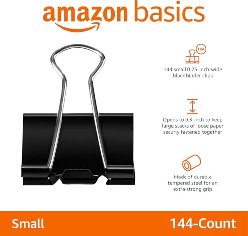 Amazon Basics Binder Clips, 0.31" Capacity, 3/4" Wide(Small), Black, 144 pcs image 2