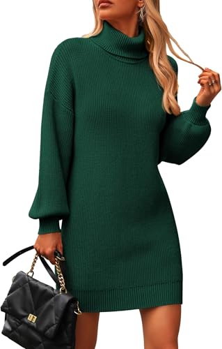 Zeagoo Damen Kleider Herbst Winter Strickklerder Langarm Elegant Pulloverkleid Casual Einfarbig Enges Kleid Minikleid Grün S