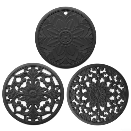 Juego de 3 posavasos de silicona antideslizante para una protección eficaz contra el calor en la cocina (negro)