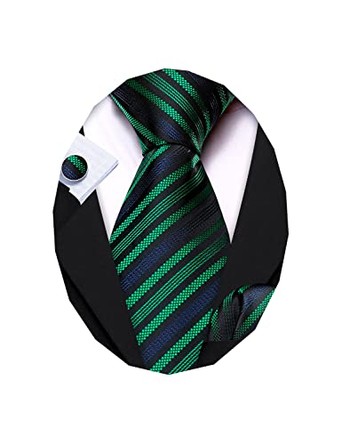 Image of Barry.Wang Man Stripe Ties Set Silk Woven Pocket Square Necktie Cufflinks Formal Party Business