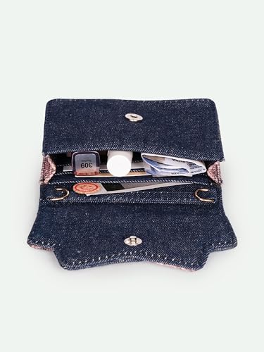 Image of ZOUK Tovi Mini Bag Wallet | Stylish Vegan Denim Crossbody Wallet for Women with Card Slots & Water-Resistant Lining | Handcrafted Small Sling Bag with Silver Chain Strap | Ladakh Impasto