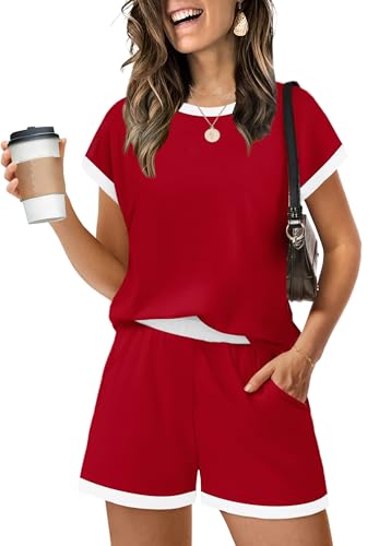 WIHOLL Two Piece Sets for Women Summer Travel Spring Airport Christmas Outfit Red Lounge Sets Sweatsuits 2 Piece Fashion Clothing Womens Matching Pajamas Casual Shorts Beach Vacation Clothes Boho