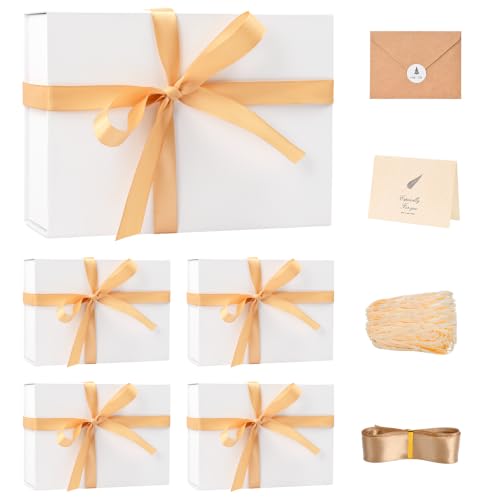 Image of LIFELUM Gifts Boxes Bulk 9.5 x 7 x 3.5 inch Elegant Gift Box with Magnetic Lids, Card,Sticker,Ribbon, Shredded Paper Filler (White, 1 count (Pack of 5))
