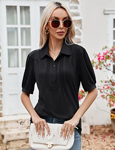 Women's Short Sleeve Tops V Neck Collared Business Casual Polo Shirts Soft Button Down Tunic Blouse Black L #TOP4