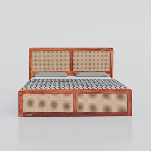 Image of DRIFTINGWOOD Amber Solid Sheesham Wood King Size Bed with Box Storage | Rattan Cane Headboard & Footboard | Carved Edges | Honey Finish (Self Assembly Required)