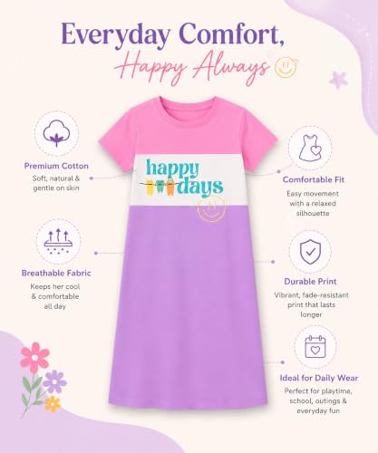 Image of KYDA KIDS 100% Pure Cotton Printed Round Neck Regular fit Half Sleeve Multicolor Long Top for Girls - (Pack of 1)
