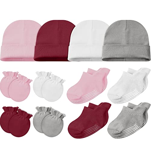 12 Pieces Baby Hats Mittens And Socks Set Newborn Hats Infant Caps No-Slip Ankle Socks (Pink And White) #TOP9