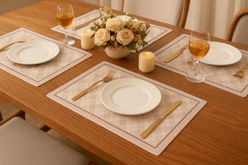Image of YELONA Leather Dining Table Placemats Set of 4 - Waterproof, Heat Resistant, Anti-Slip, Easy to Clean Table Mats for Dining Table, Kitchen & Home Decor (Pastel Pink, 40 x 30 cm)